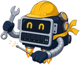 Dex wearing a hard hat, building a server